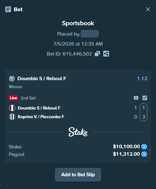 Bet slip: Sadio Doumbia / Fabien Reboul - Kopriva V / Pieczonka F, $10,100.00 stake at 1.12 odds, placed by piropiro12