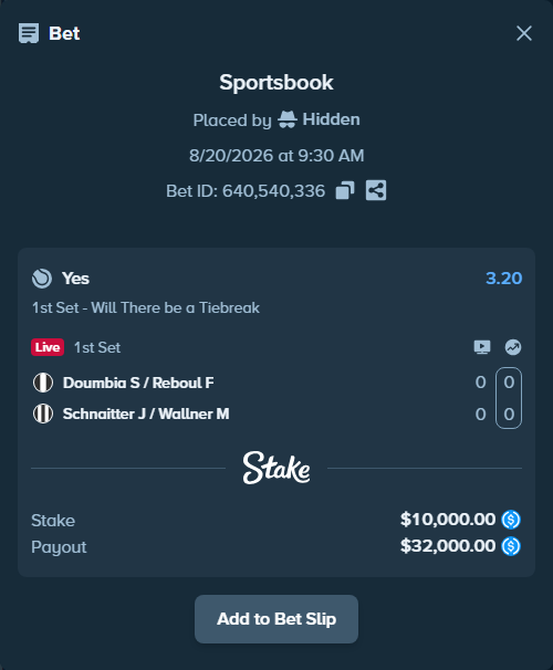 Bet slip: Sadio Doumbia / Fabien Reboul - Schnaitter J / Wallner M, $10,000.00 stake at 3.20 odds, placed by Hidden