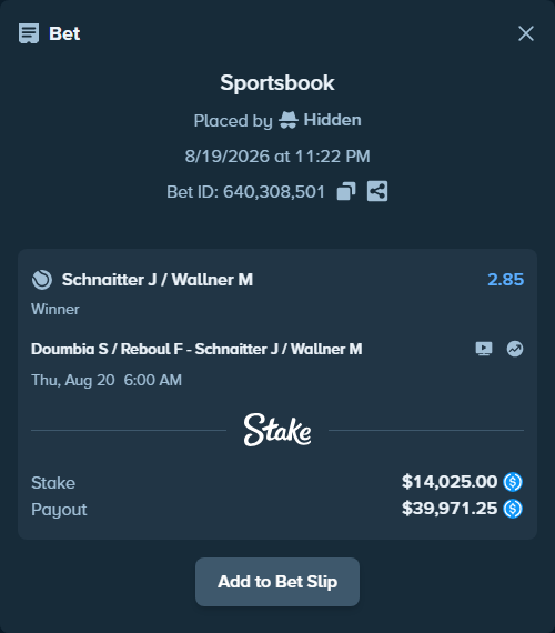 Bet slip: Sadio Doumbia / Fabien Reboul - Schnaitter J / Wallner M, $14,025.00 stake at 2.85 odds, placed by Hidden