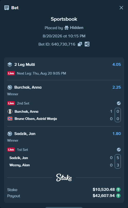 Bet slip: Sadzik, Jan - Wazny, Alan, $10,531.00 stake at 1.80 odds, placed by Hidden