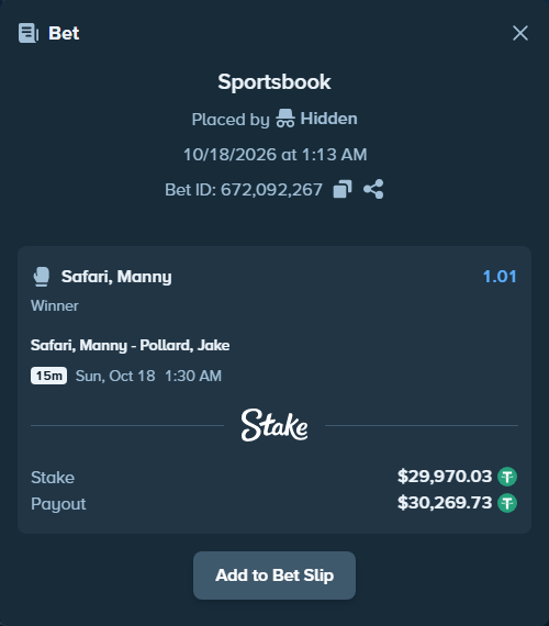 Bet slip: Safari, Manny - Pollard, Jake, $30,000.00 stake at 1.01 odds, placed by korehato
