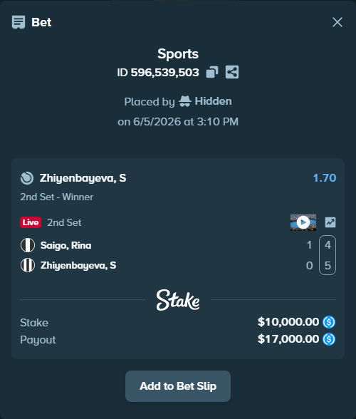 Bet slip: Saigo, Rina - Zhiyenbayeva, S, $10,000.00 stake at 1.70 odds, placed by Hidden