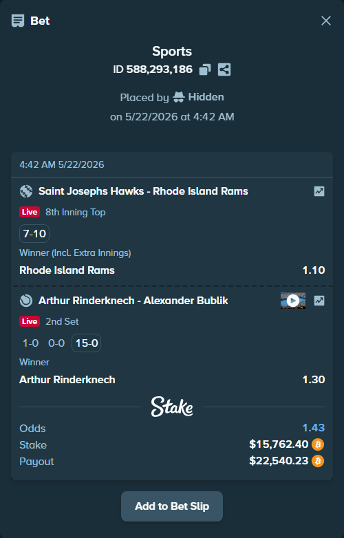 Bet slip: Saint Josephs Hawks - Rhode Island Rams, $13,100.82 stake at 1.10 odds, placed by Hidden