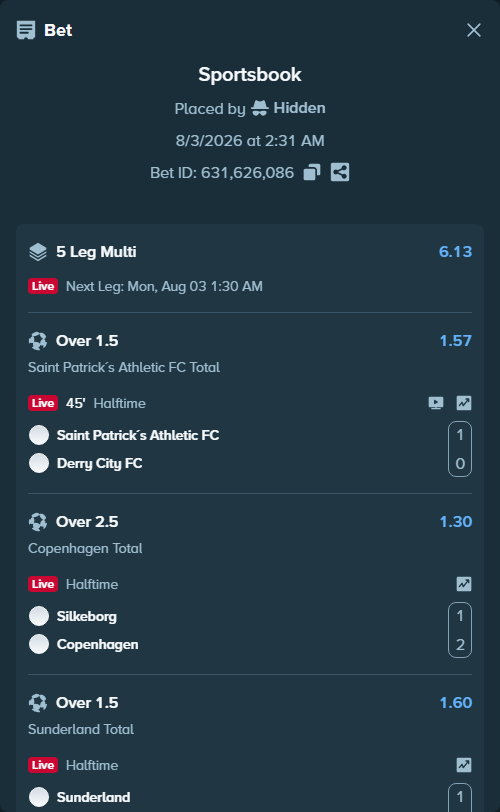 Bet slip: Saint Patrick´s Athletic FC - Derry City FC, $21,021.00 stake at 1.57 odds, placed by Hidden
