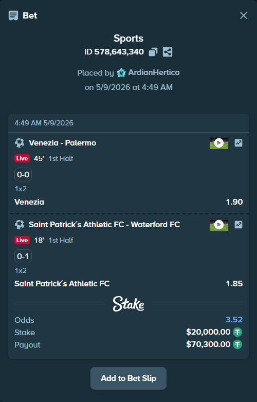 Bet slip: Saint Patrick´s Athletic FC - Waterford FC, $20,000.00 stake at 1.85 odds, placed by ArdianHertica