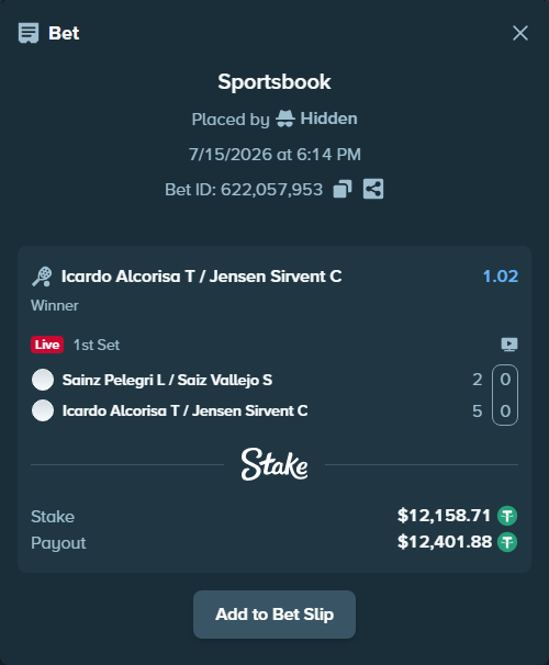 Bet slip: Sainz Pelegri L / Saiz Vallejo S - Icardo Alcorisa T / Jensen Sirvent C, $12,170.87 stake at 1.02 odds, placed by Hidden