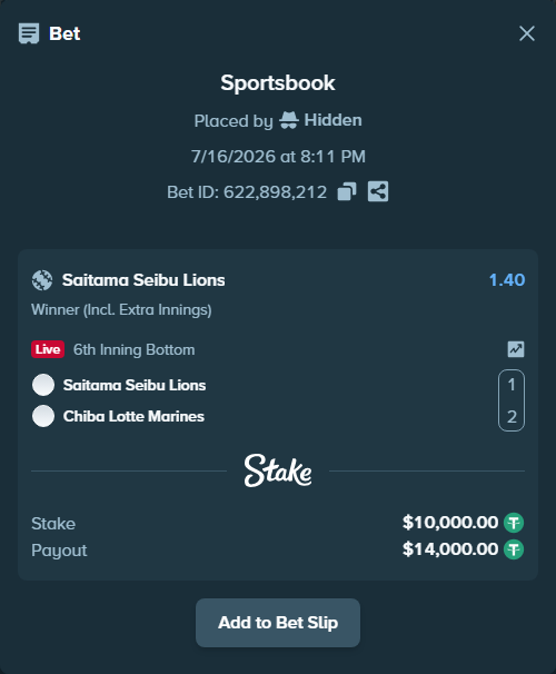 Bet slip: Saitama Seibu Lions - Chiba Lotte Marines, $10,010.00 stake at 1.40 odds, placed by Hidden
