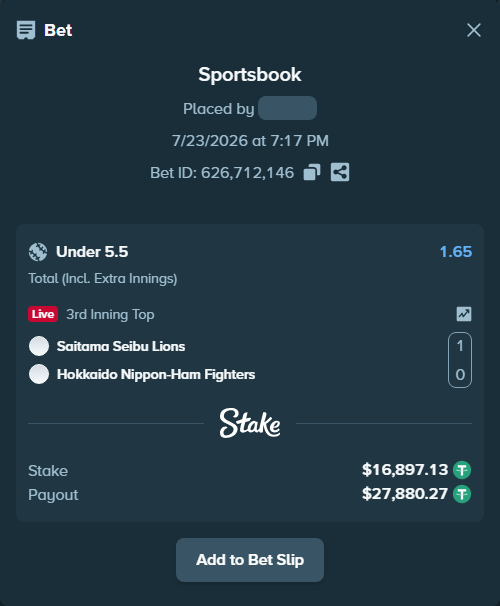 Bet slip: Saitama Seibu Lions - Hokkaido Nippon-Ham Fighters, $16,914.03 stake at 1.65 odds, placed by 토사장체크카드