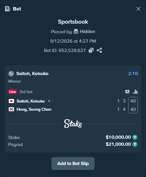 Bet slip: Saitoh, Keisuke - Hong, Seongchan, $10,000.00 stake at 2.10 odds, placed by Hidden
