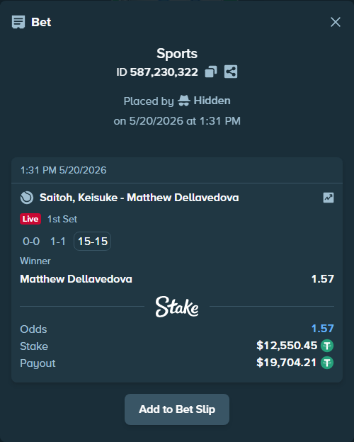 Bet slip: Saitoh, Keisuke - Matthew Dellavedova, $12,563.00 stake at 1.57 odds, placed by Hidden