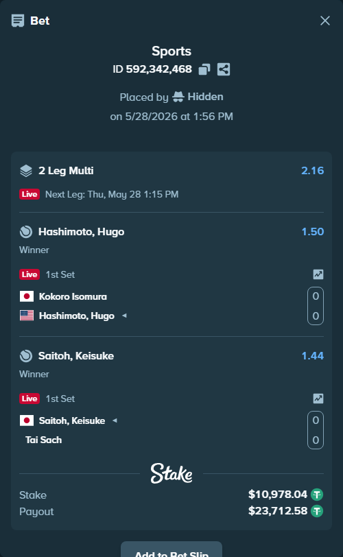 Bet slip: Saitoh, Keisuke - Tai Sach, $11,000.00 stake at 1.44 odds, placed by Hidden