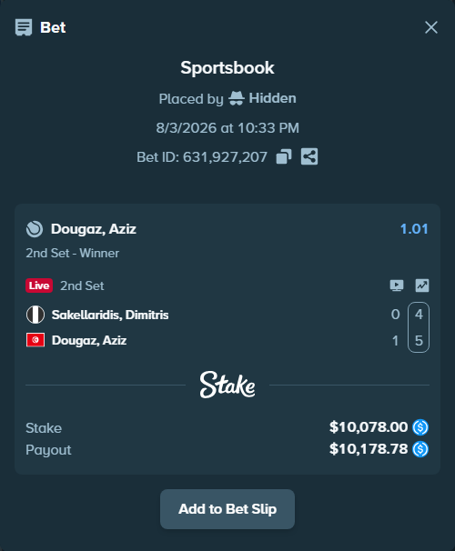 Bet slip: Sakellaridis, Dimitris - Dougaz, Aziz, $10,078.00 stake at 1.01 odds, placed by Hidden