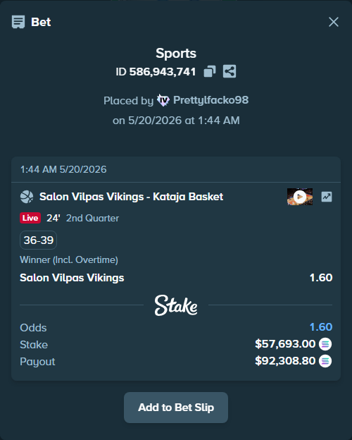 Bet slip: Salon Vilpas Vikings - Kataja Basket Joensuu, $50,073.74 stake at 1.60 odds, placed by Prettylfacko98