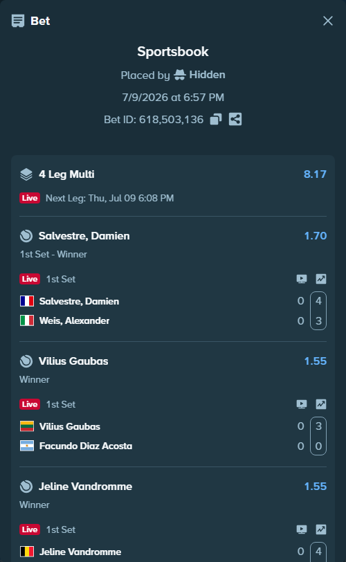 Bet slip: Salvestre, Damien - Weis, Alexander, $10,000.00 stake at 1.70 odds, placed by Hidden