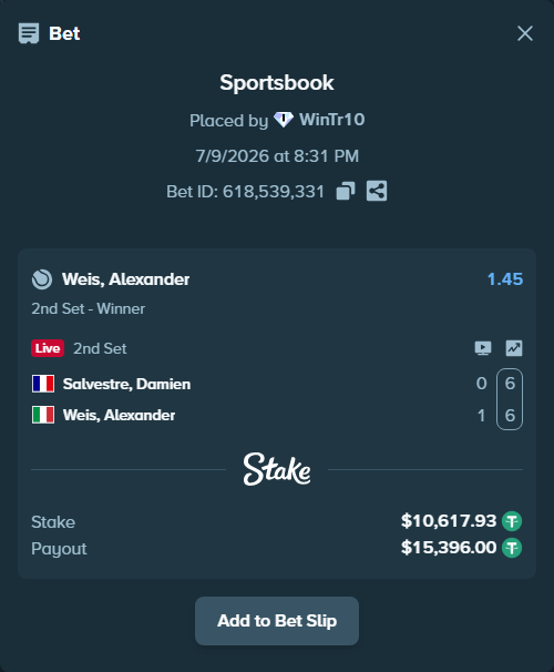 Bet slip: Salvestre, Damien - Weis, Alexander, $10,628.55 stake at 1.45 odds, placed by WinTr10