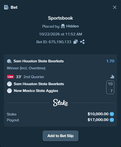 Bet slip: Sam Houston State Bearkats - New Mexico State Aggies, $10,000.00 stake at 1.70 odds, placed by kankerxeqtr