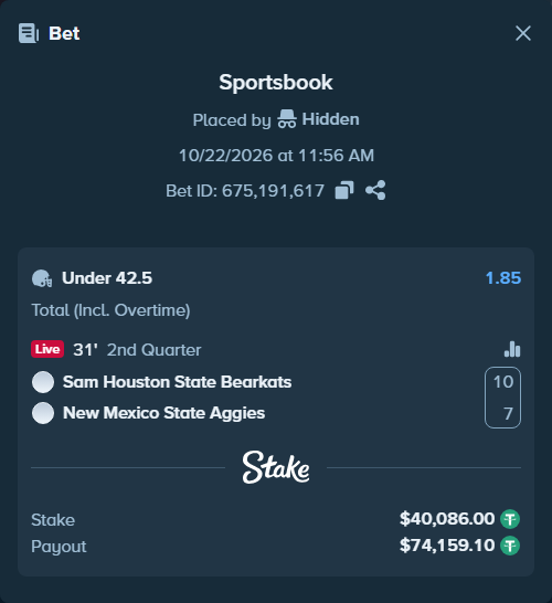 Bet slip: Sam Houston State Bearkats - New Mexico State Aggies, $40,126.09 stake at 1.85 odds, placed by Hidden