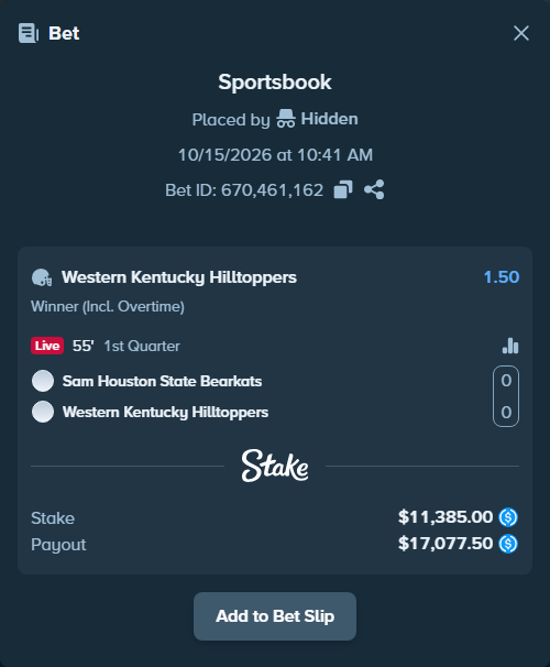 Bet slip: Sam Houston State Bearkats - Western Kentucky Hilltoppers, $11,385.00 stake at 1.50 odds, placed by Hidden