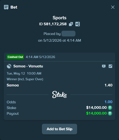 Bet slip: Samoa - Vanuatu, $14,000.00 stake at 1.40 odds, placed by Pochamma660
