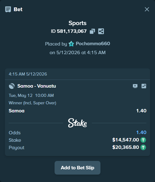 Bet slip: Samoa - Vanuatu, $14,547.00 stake at 1.40 odds, placed by Pochamma660