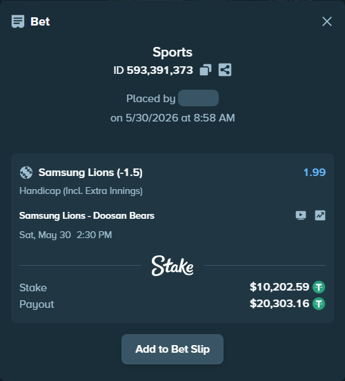 Bet slip: Samsung Lions - Doosan Bears, $10,212.79 stake at 1.99 odds, placed by 토사장체크카드