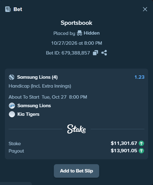 Bet slip: Samsung Lions - Kia Tigers, $11,324.27 stake at 1.23 odds, placed by JoelT9