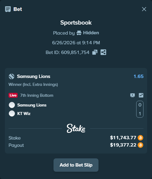 Bet slip: Samsung Lions - KT Wiz, $11,958.80 stake at 1.65 odds, placed by Hidden
