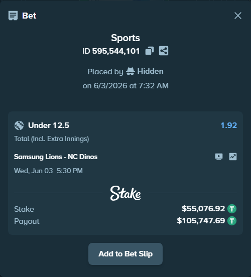 Bet slip: Samsung Lions - NC Dinos, $55,132.00 stake at 1.92 odds, placed by Hidden