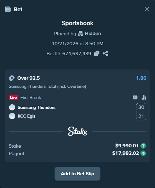 Bet slip: Samsung Thunders - KCC Egis, $10,000.00 stake at 1.80 odds, placed by Pancroft100
