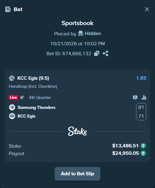Bet slip: Samsung Thunders - KCC Egis, $13,500.00 stake at 1.85 odds, placed by Hidden