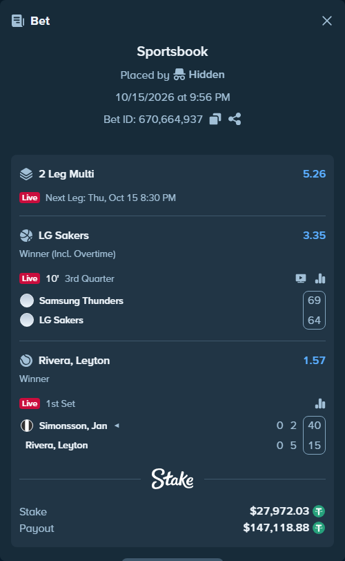 Bet slip: Samsung Thunders - LG Sakers, $28,000.00 stake at 3.35 odds, placed by Hidden