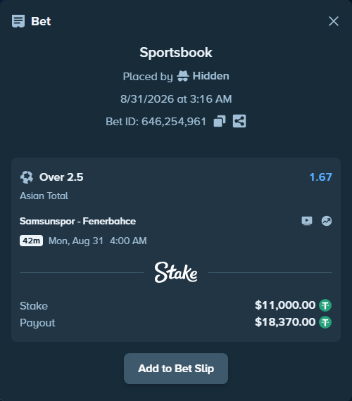 Bet slip: Samsunspor - Fenerbahce Istanbul, $11,000.00 stake at 1.67 odds, placed by Hidden