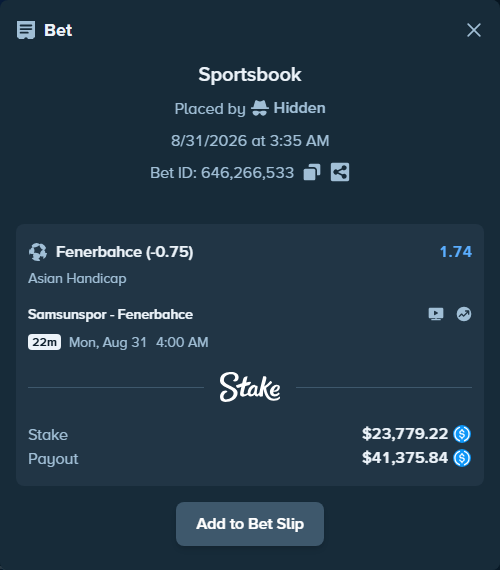 Bet slip: Samsunspor - Fenerbahce Istanbul, $23,779.22 stake at 1.74 odds, placed by Hidden