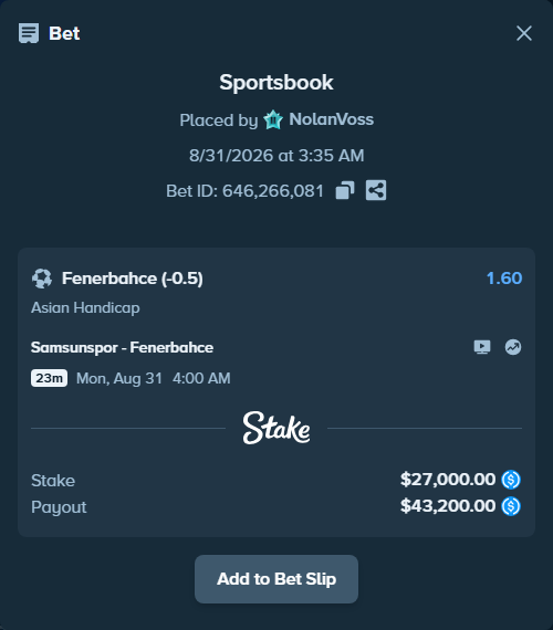 Bet slip: Samsunspor - Fenerbahce Istanbul, $27,000.00 stake at 1.60 odds, placed by NolanVoss
