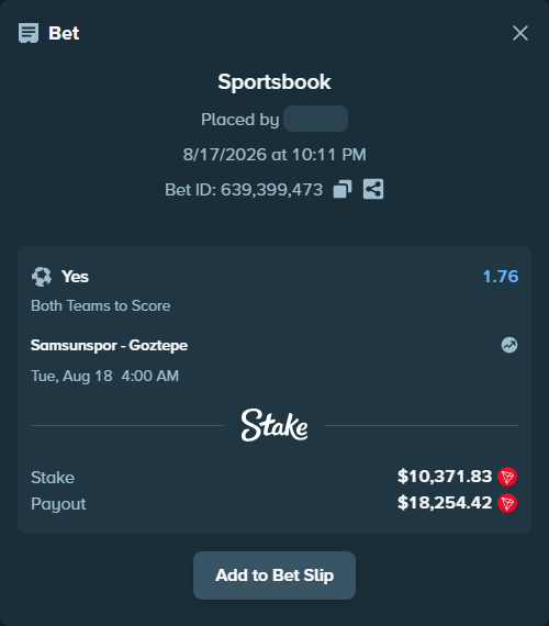 Bet slip: Samsunspor - Goztepe, $10,352.79 stake at 1.76 odds, placed by sebo47