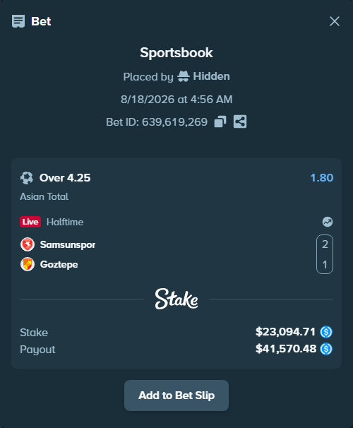 Bet slip: Samsunspor - Goztepe, $23,094.71 stake at 1.80 odds, placed by Hidden