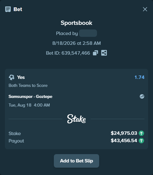 Bet slip: Samsunspor - Goztepe, $25,000.00 stake at 1.74 odds, placed by cagirircan1