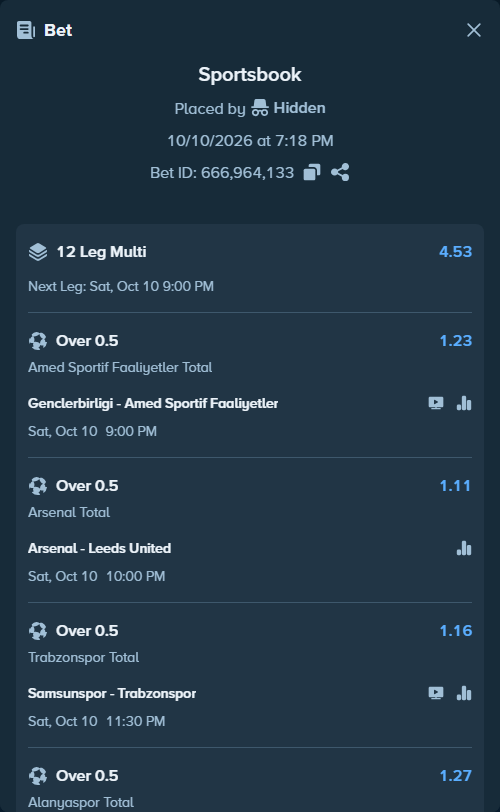 Bet slip: Samsunspor - Trabzonspor, $50,050.00 stake at 1.16 odds, placed by Hidden