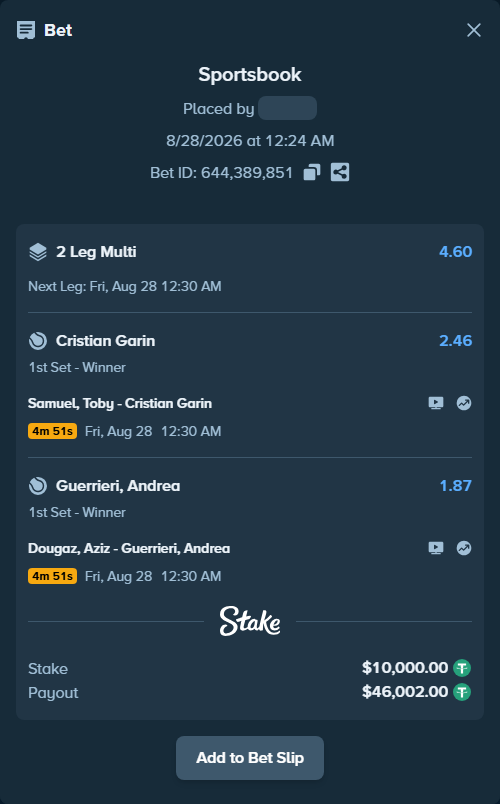 Bet slip: Samuel, Toby - Cristian Garin, $10,000.00 stake at 2.46 odds, placed by WinTr10