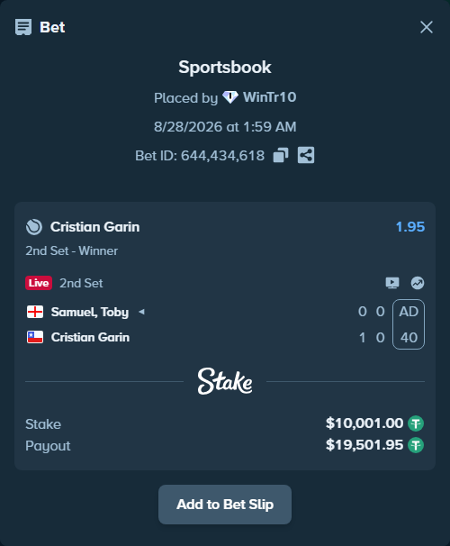 Bet slip: Samuel, Toby - Cristian Garin, $10,000.00 stake at 1.95 odds, placed by WinTr10
