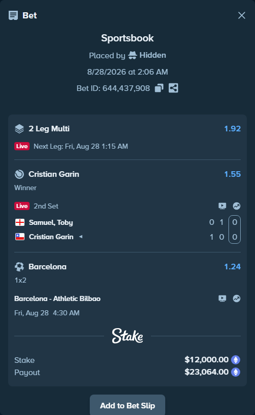Bet slip: Samuel, Toby - Cristian Garin, $11,930.95 stake at 1.55 odds, placed by Hidden