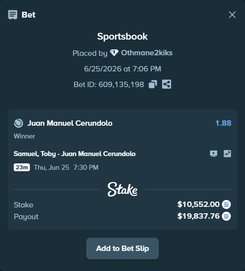Bet slip: Samuel, Toby - Juan Manuel Cerundolo, $11,822.07 stake at 1.88 odds, placed by Othmane2kiks