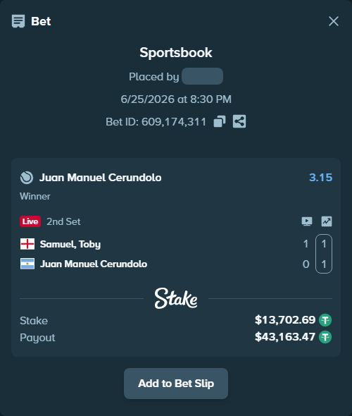 Bet slip: Samuel, Toby - Juan Manuel Cerundolo, $13,716.39 stake at 3.15 odds, placed by WinTr10