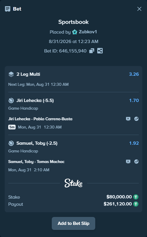 Bet slip: Samuel, Toby - Tomas Machac, $80,000.00 stake at 1.92 odds, placed by Zubkov1