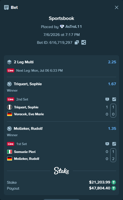 Bet slip: Samuele Pieri - Molleker, Rudolf, $21,225.20 stake at 1.35 odds, placed by AsTraL11