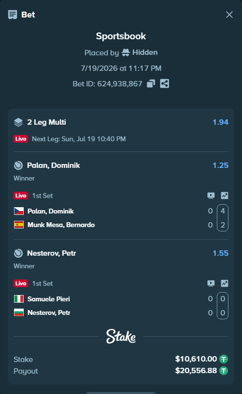 Bet slip: Samuele Pieri - Nesterov, Pyotr, $10,610.00 stake at 1.55 odds, placed by Hidden