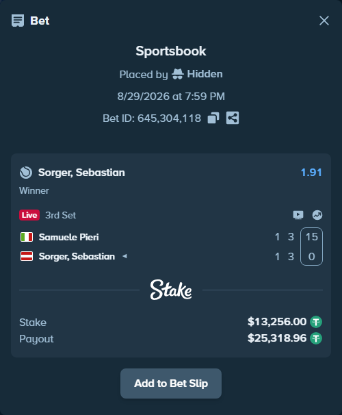 Bet slip: Samuele Pieri - Sorger, Sebastian, $13,256.00 stake at 1.91 odds, placed by Hidden