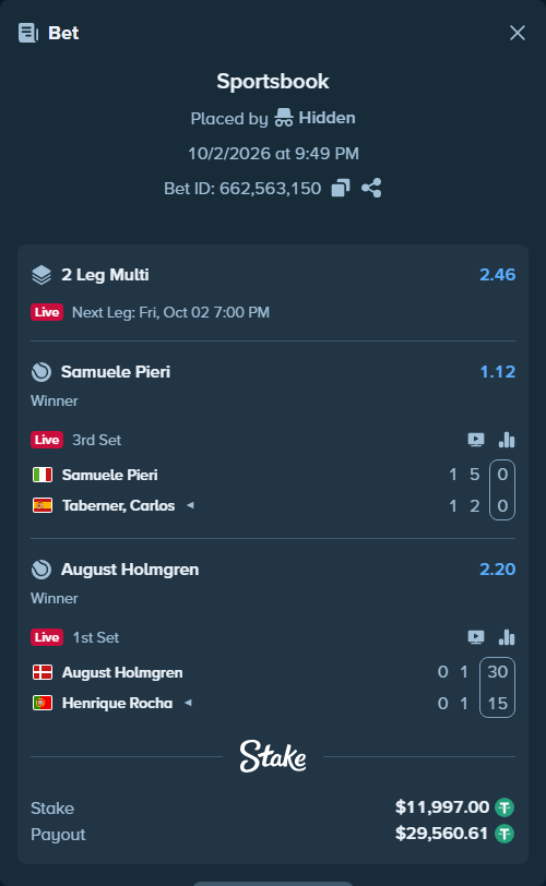 Bet slip: Samuele Pieri - Taberner, Carlos, $11,997.00 stake at 1.12 odds, placed by Hidden