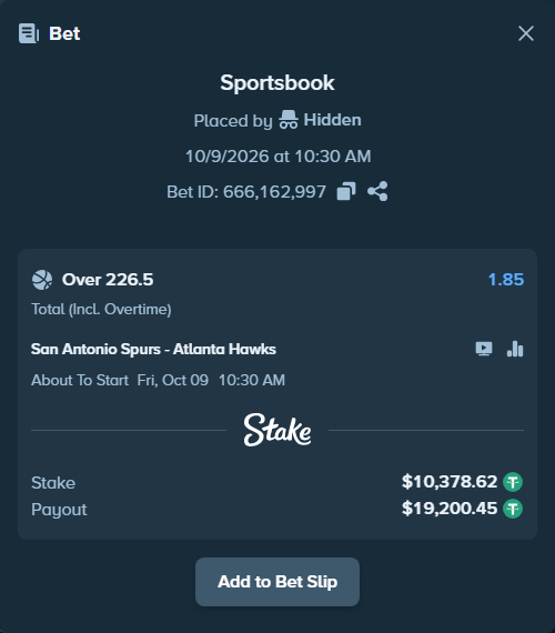 Bet slip: San Antonio Spurs - Atlanta Hawks, $10,389.00 stake at 1.85 odds, placed by Theketkitkitty