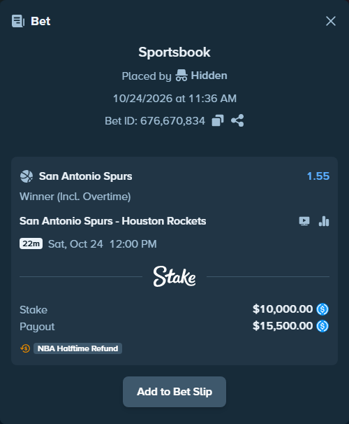 Bet slip: San Antonio Spurs - Houston Rockets, $10,000.00 stake at 1.55 odds, placed by Neberay
